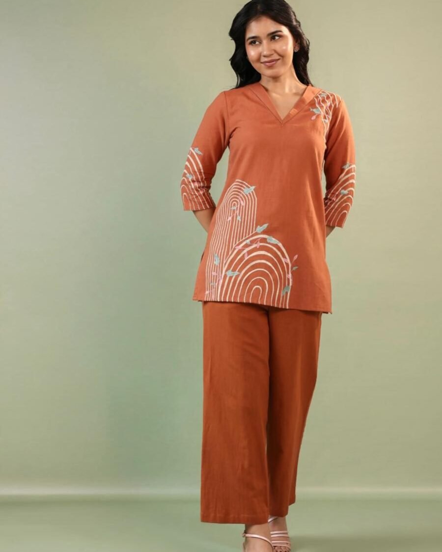 Rust Kurta Pant Set Comfortable Fit with Contemporary Print Co-ord Set
