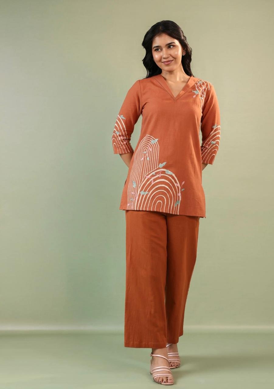 Rust Kurta Pant Set Comfortable Fit with Contemporary Print Co-ord Set