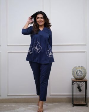 Navy Blue Printed Kurti Pant Set Stylish Casual Ethnic Co-ord Outfit
