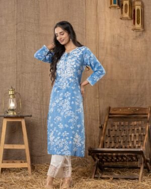 Blue Floral Printed Straight Kurti with Elegant Border Detailing
