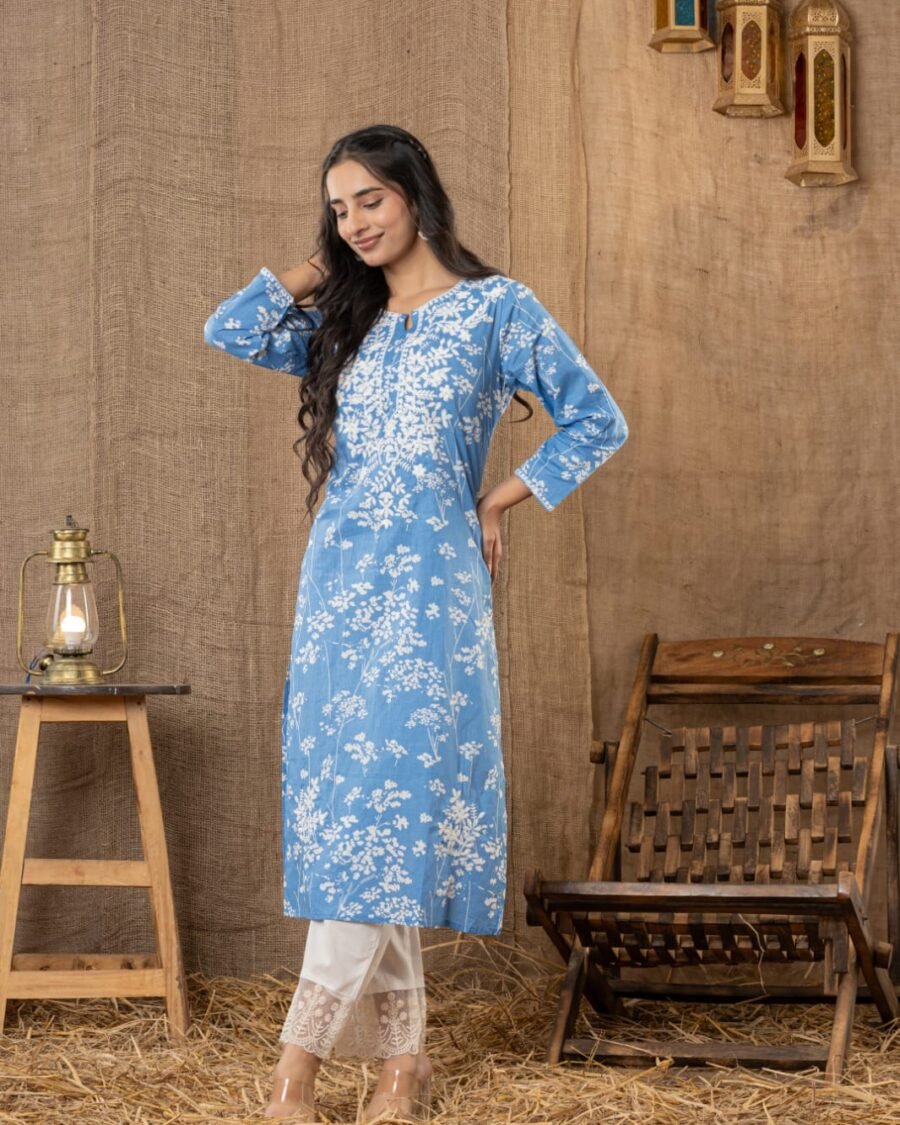 Blue Floral Printed Straight Kurti with Elegant Border Detailing