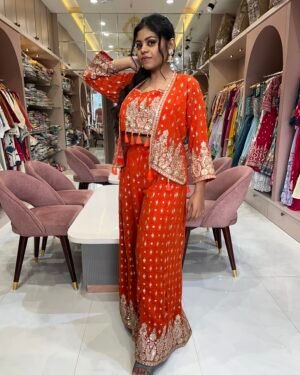 Designer Orange Indo Western Outfit with Palazzo and Statement Jacket