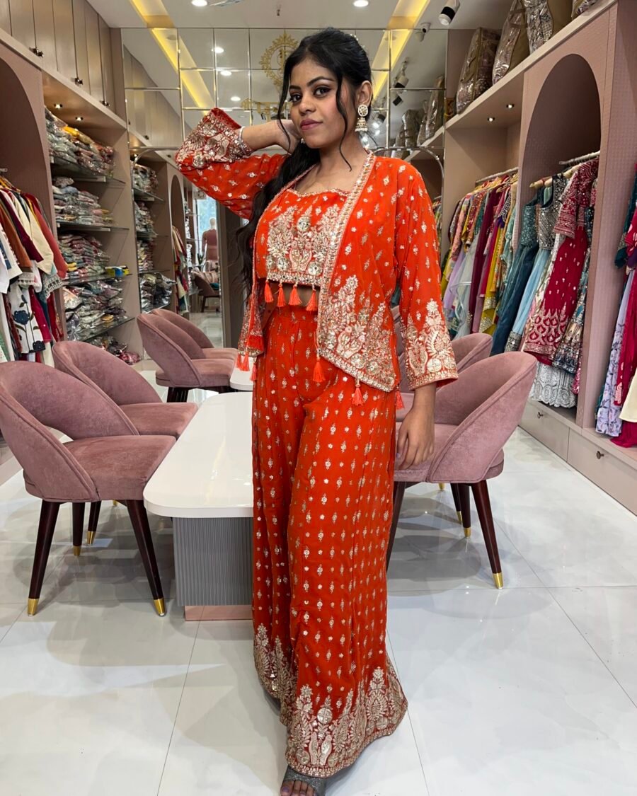 Designer Orange Indo Western Outfit with Palazzo and Statement Jacket