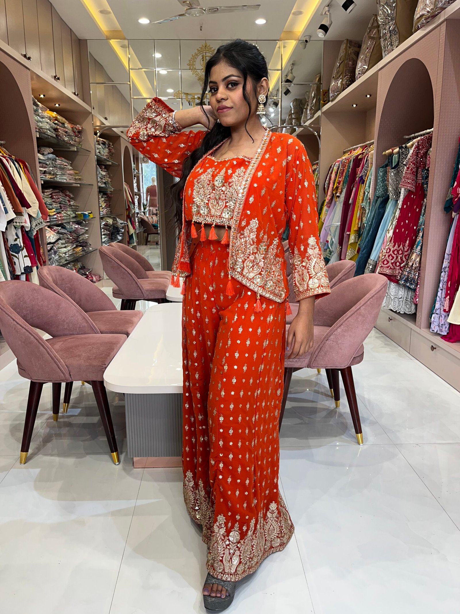 Designer Orange Indo Western Outfit with Palazzo and Statement Jacket