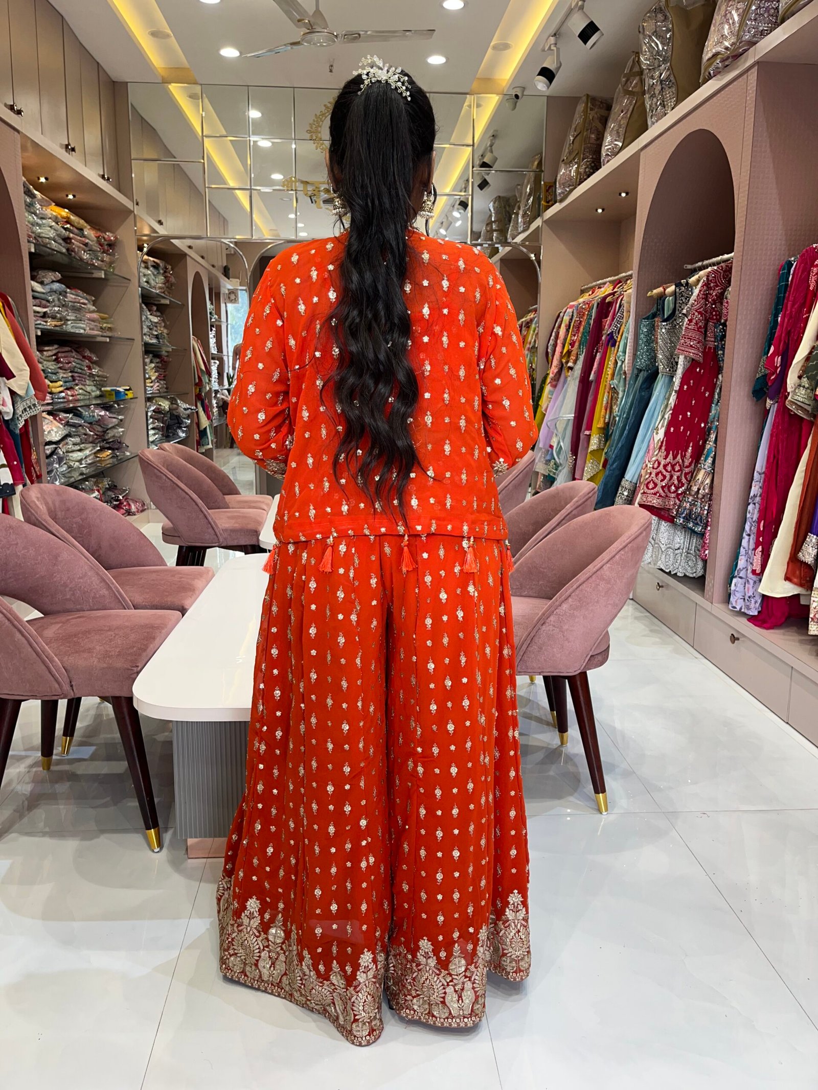 Designer Orange Indo Western Outfit with Palazzo and Statement Jacket - Image 3