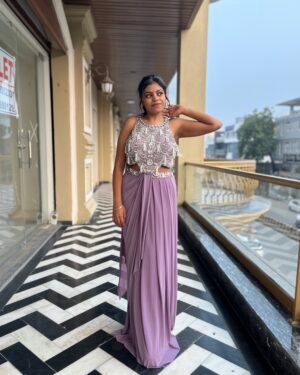 Lavender Indo Western Long Flared Skirt with Designer Embellished Top