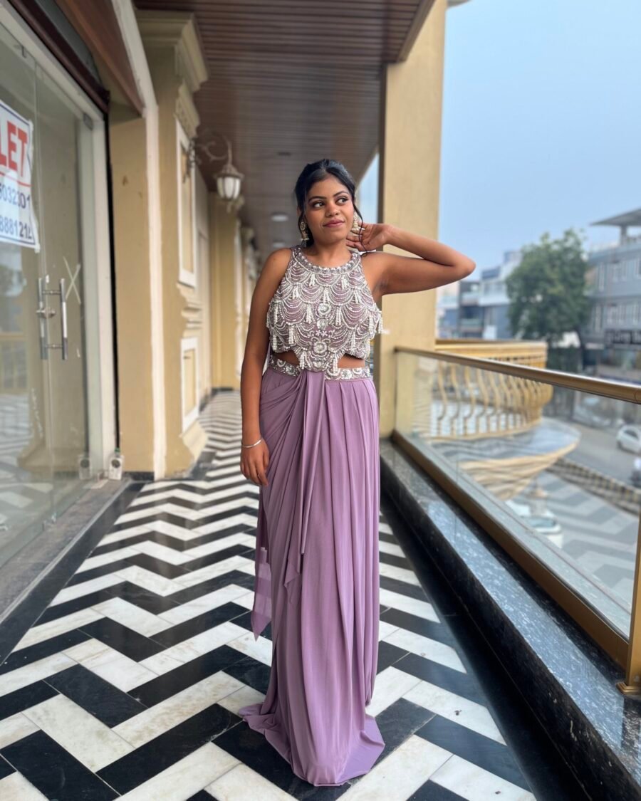 Lavender Indo Western Long Flared Skirt with Designer Embellished Top