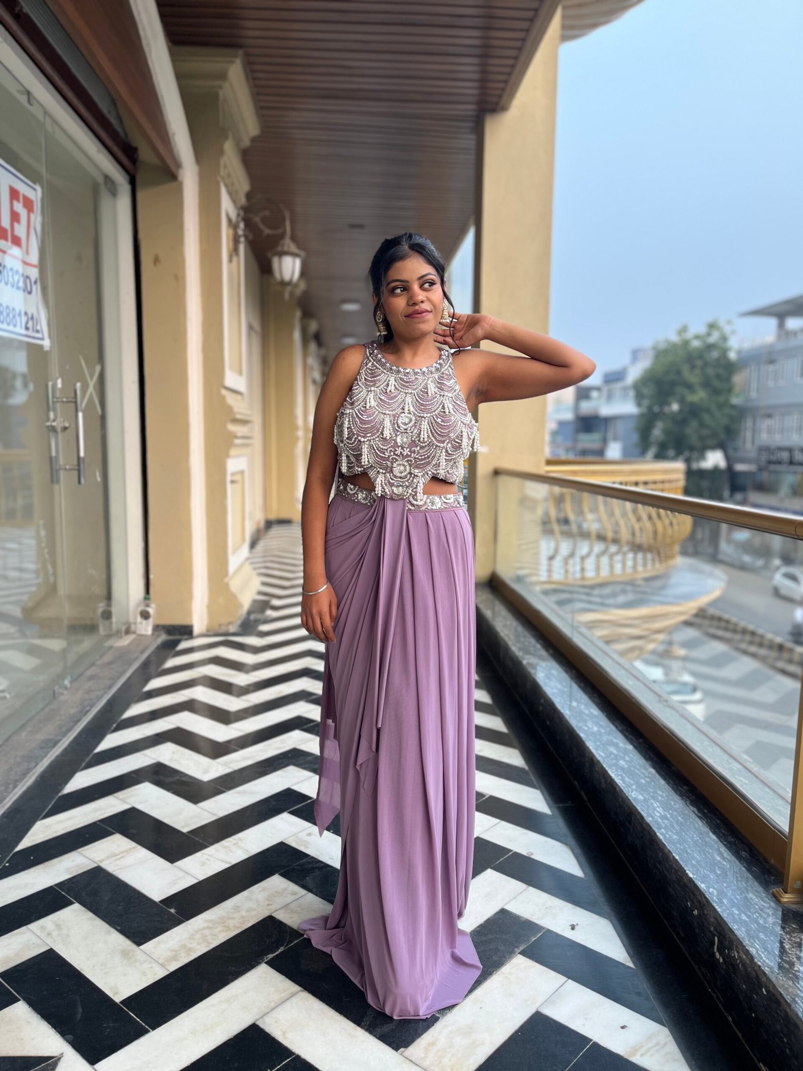 Lavender Indo Western Long Flared Skirt with Designer Embellished Top