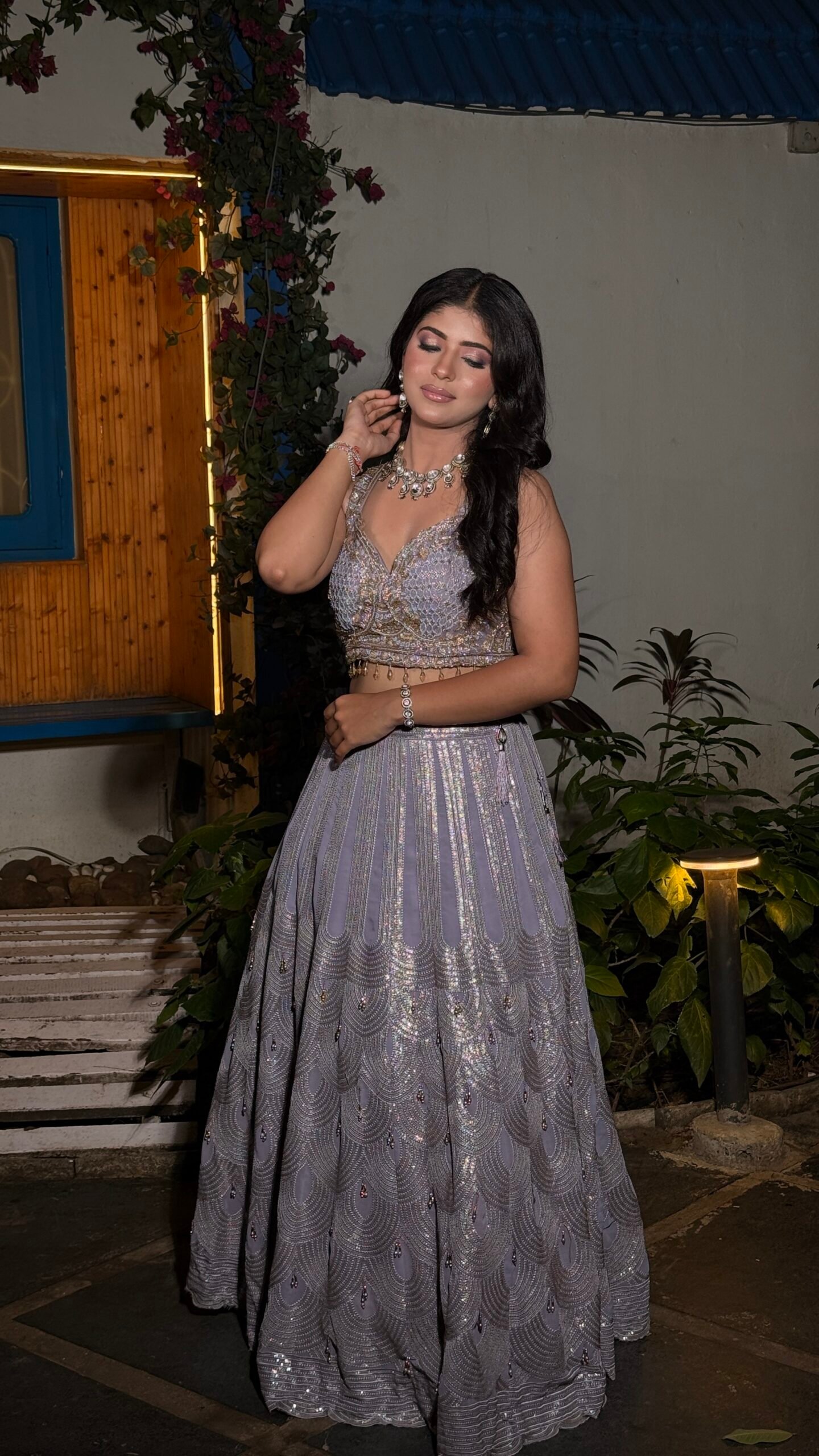 Lavender Embroidered Lehenga Set with Sleeveless Blouse - Image 2