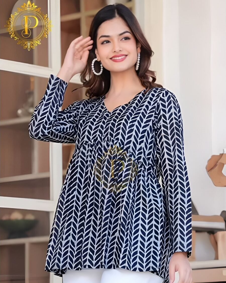 Leaf Print V-Neck Short Kurti for Women