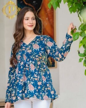 Trendy Blue Floral Peplum Style Short Kurti