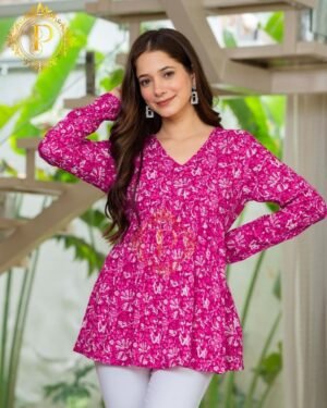 Pink Floral Print V-Neck Short Kurti for Women