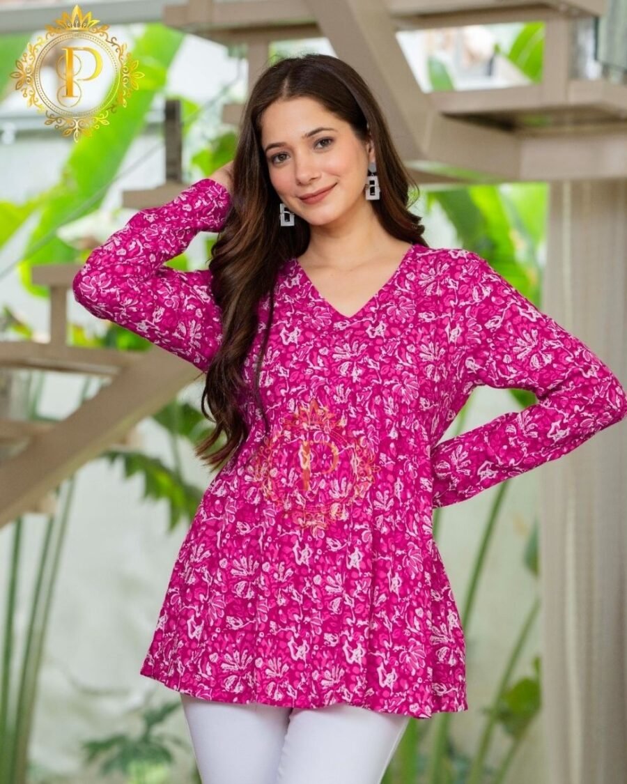 Pink Floral Print V-Neck Short Kurti for Women
