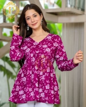 Elegant Pink Floral Peplum Style V-Neck Short Kurti