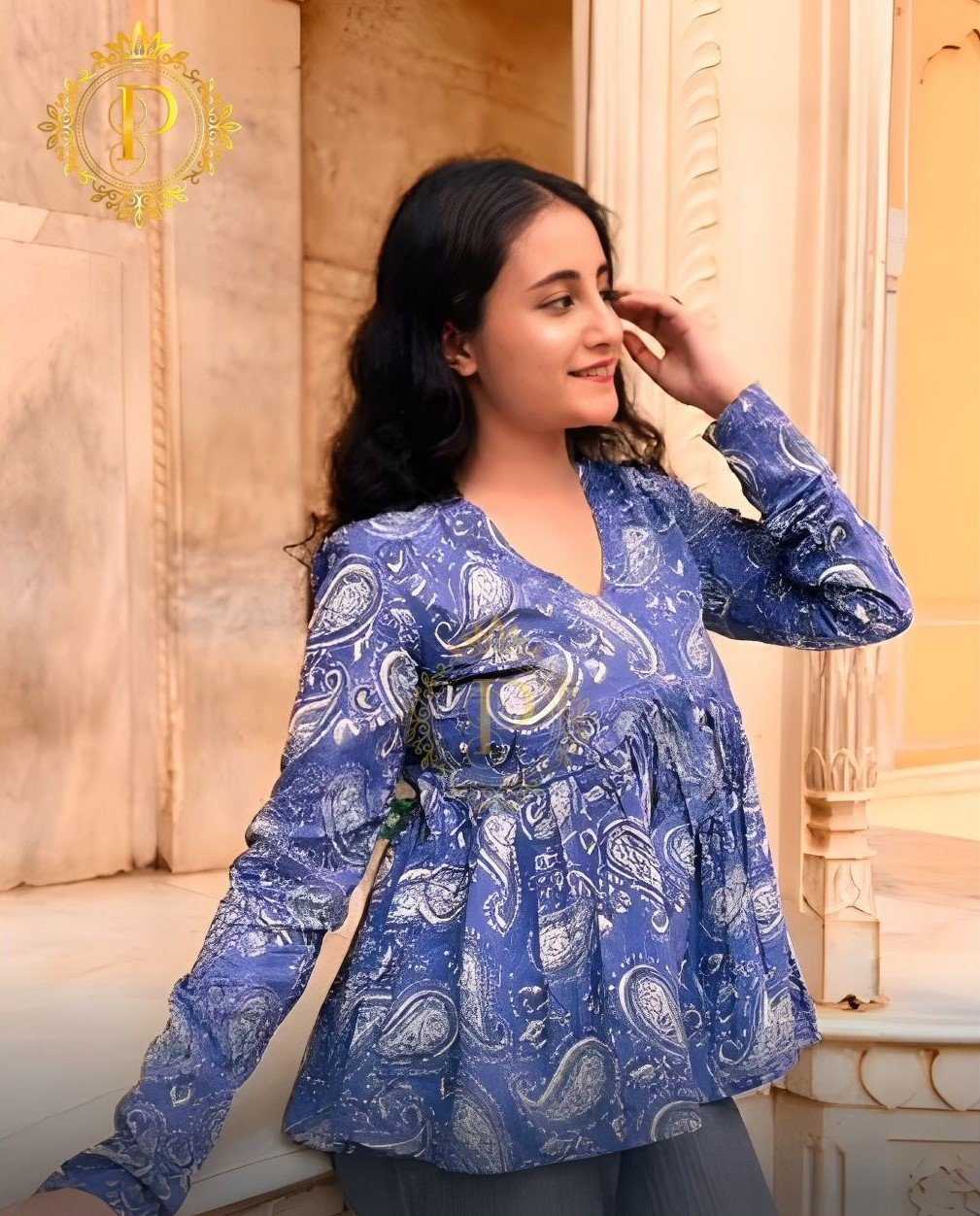 Blue Ethnic Print V-Neck Short Kurti for Women - Image 2