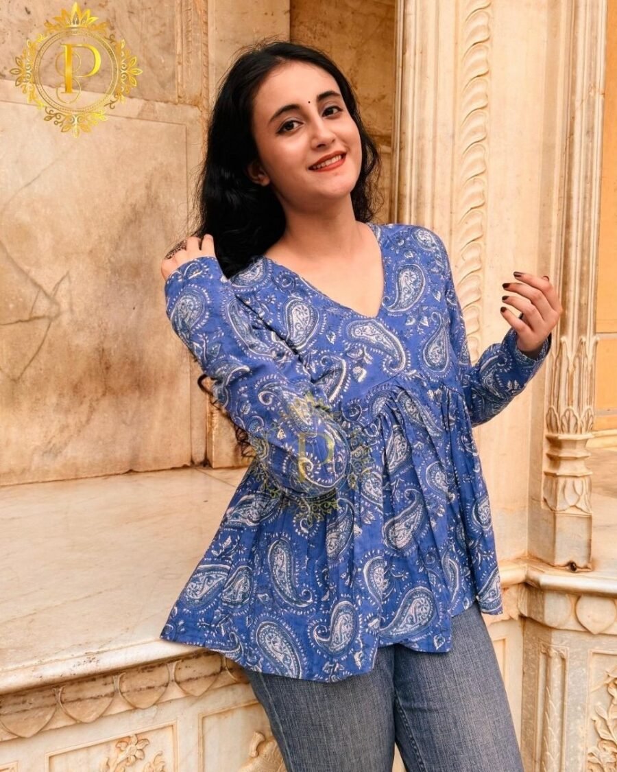 Blue Ethnic Print V-Neck Short Kurti for Women