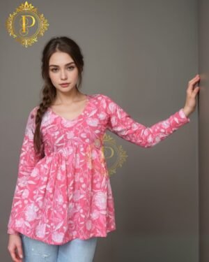 Women’s Pink Floral Long Sleeve Short Kurti