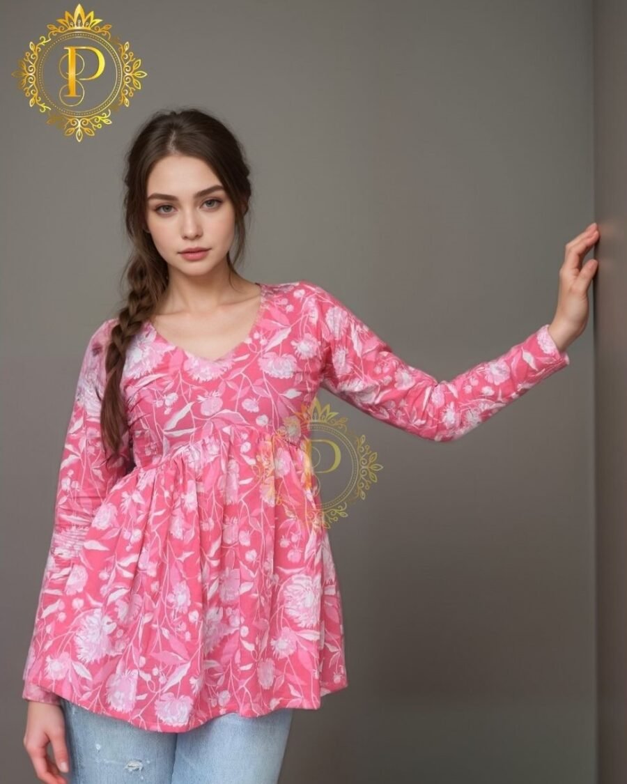 Women’s Pink Floral Long Sleeve Short Kurti