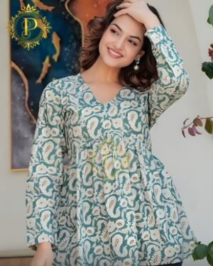 Green Paisley Print V-Neck Short Kurti for Women