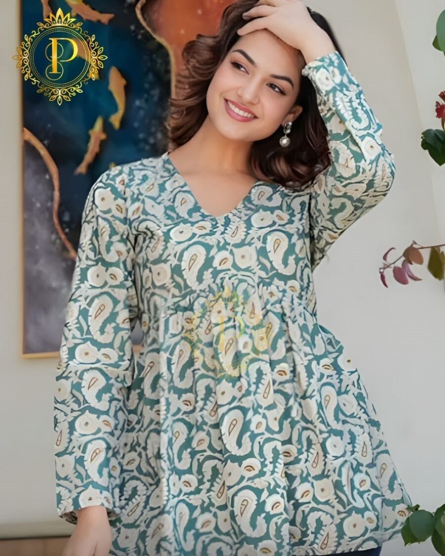 Green Paisley Print V-Neck Short Kurti for Women