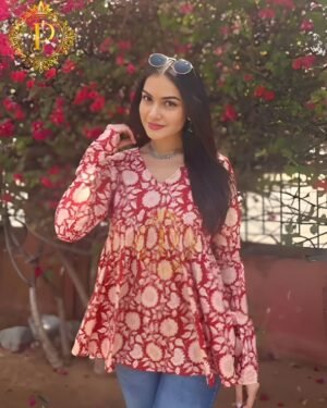 Stylish Red Floral V-Neck Short Kurti