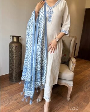 Khadi Cotton Suit with Digital Print Dupatta and Thread Embroidery on Neck and Hand