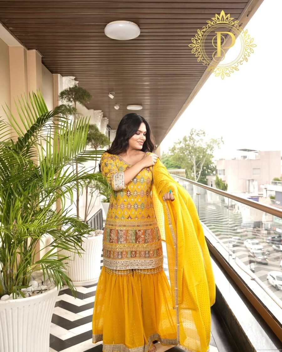 Designer Yellow Embroidered Flared Sharara Suit with Dupatta