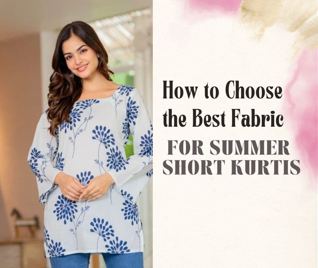 A lifestyle image featuring a smiling woman wearing a light blue and white floral-print short kurti with bell sleeves. To the right of the woman, bold black text on a watercolor-splashed background reads, "How to Choose the Best Fabric FOR SUMMER SHORT KURTIS."