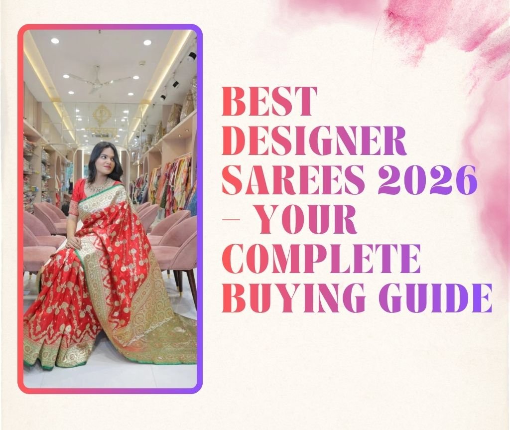 A woman sitting in a boutique wearing a luxury red and gold silk designer saree with a green border, featured next to the text "Best Designer Sarees 2026 – Your Complete Buying Guide."