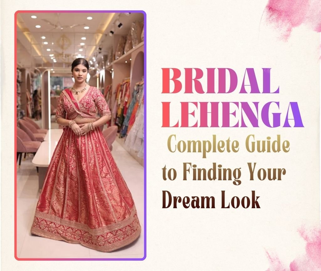 A woman standing in a boutique wearing a rich pink and gold embroidered bridal lehenga with a matching blouse and dupatta. To the right, decorative text reads 'Bridal Lehenga – Complete Guide to Finding Your Dream Look' against a cream background with pink watercolor accents.