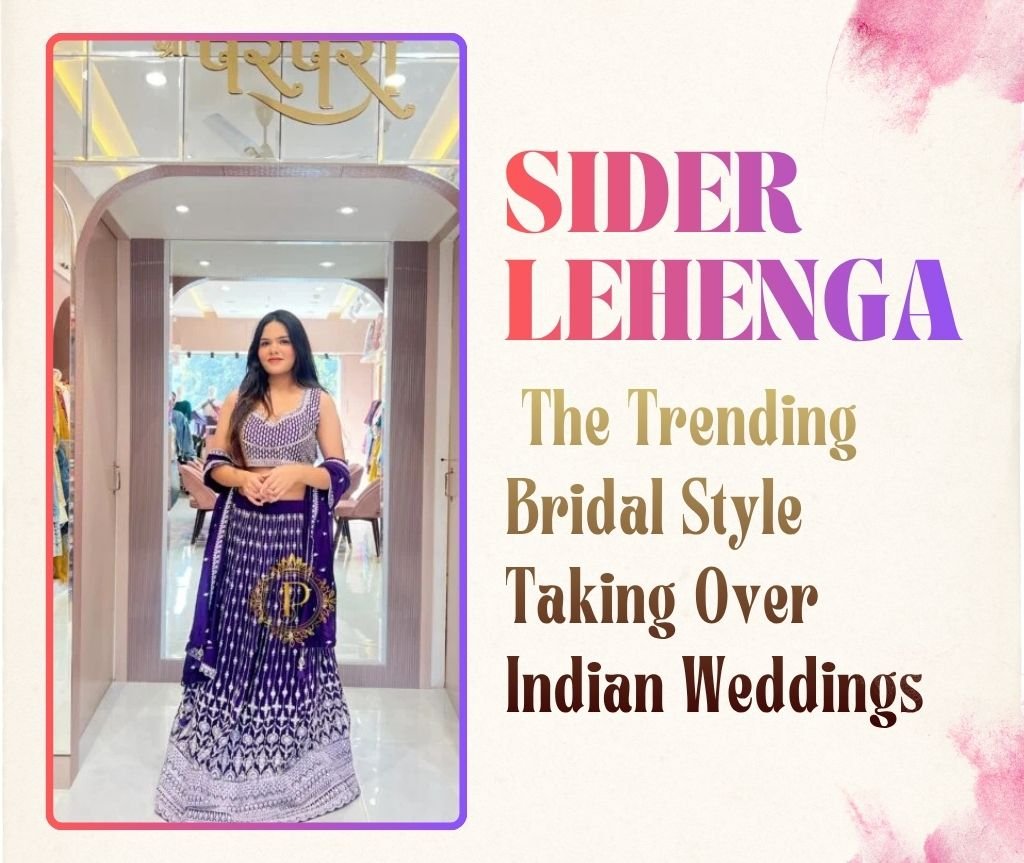 An image featuring a woman modeling a deep purple Sider Lehenga, a trending style for Indian weddings in 2026. The lehenga is intricately detailed with silver or white embroidery that becomes more dense toward the hem. She is posed within a modern, arched doorway of a boutique, with a gold logo visible above her. To the right, bold text in a pink-to-purple gradient reads "SIDER LEHENGA," followed by the sub-headline, "The Trending Bridal Style Taking Over Indian Weddings," set against a light, textured background with pink watercolor accents.