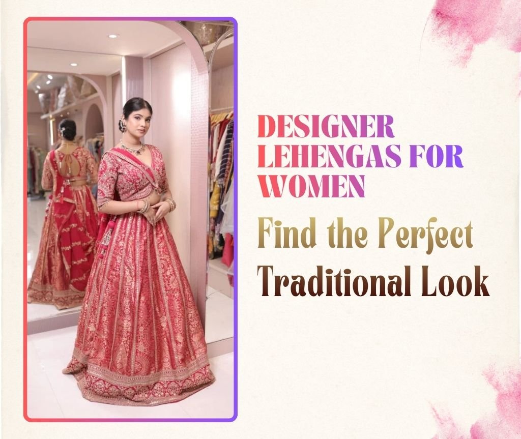 A woman wearing a heavily embroidered pink and gold designer lehenga choli, posing in a boutique mirror to show the intricate front and back detailing of the traditional Indian outfit.