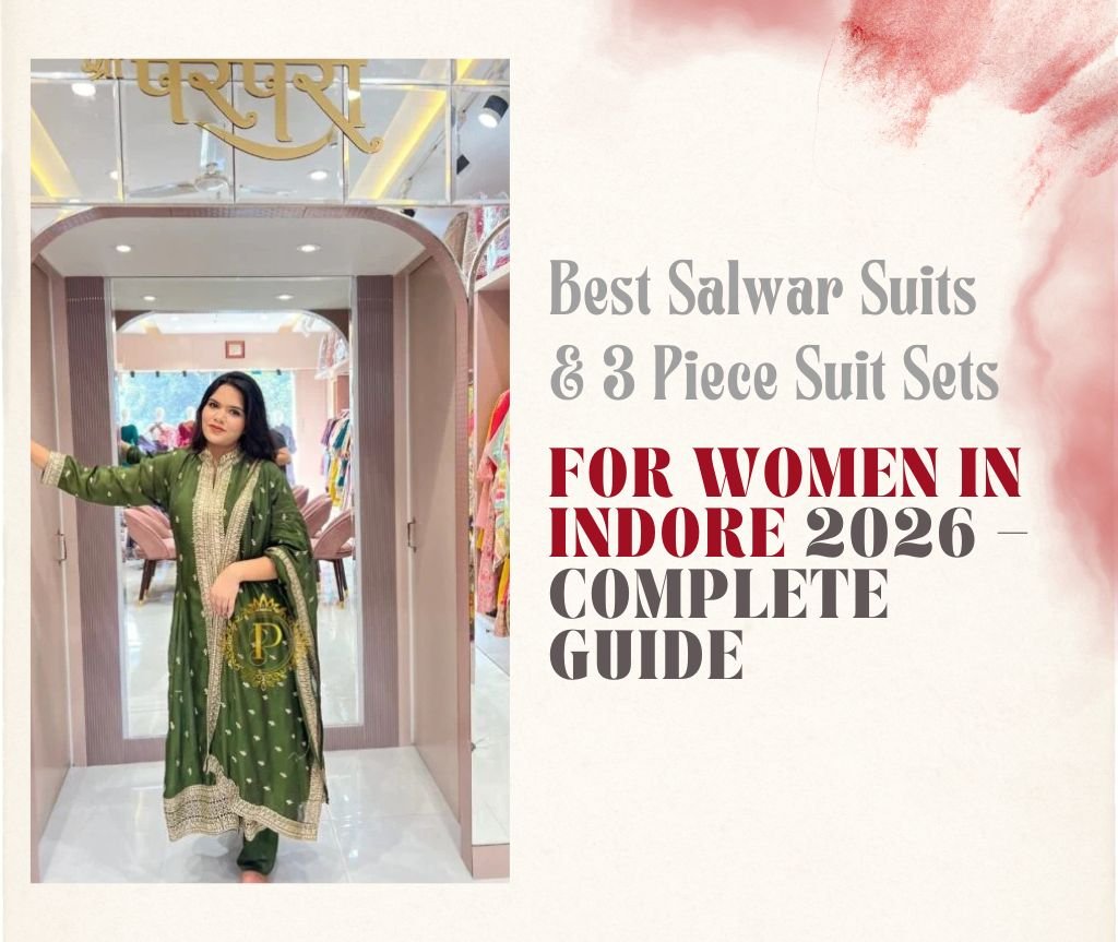 Gemini said An image featuring a woman in an elegant, olive-green ethnic suit with intricate gold embroidery. She is standing in a luxurious boutique doorway. To the right, bold text on a light background reads, "Best Salwar Suits & 3 Piece Suit Sets FOR WOMEN IN INDORE 2026 – COMPLETE GUIDE.