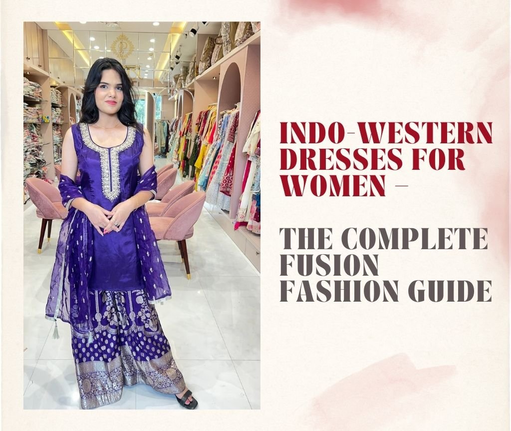 A modern Indo-Western ensemble for 2026 featuring a [Color] floor-length layered gown with traditional Maheshwari silk borders, paired with a structured metallic belt. The look represents the fusion fashion trend in Indore, blending local ethnic craftsmanship with contemporary Western silhouettes for a festive yet chic appeal.